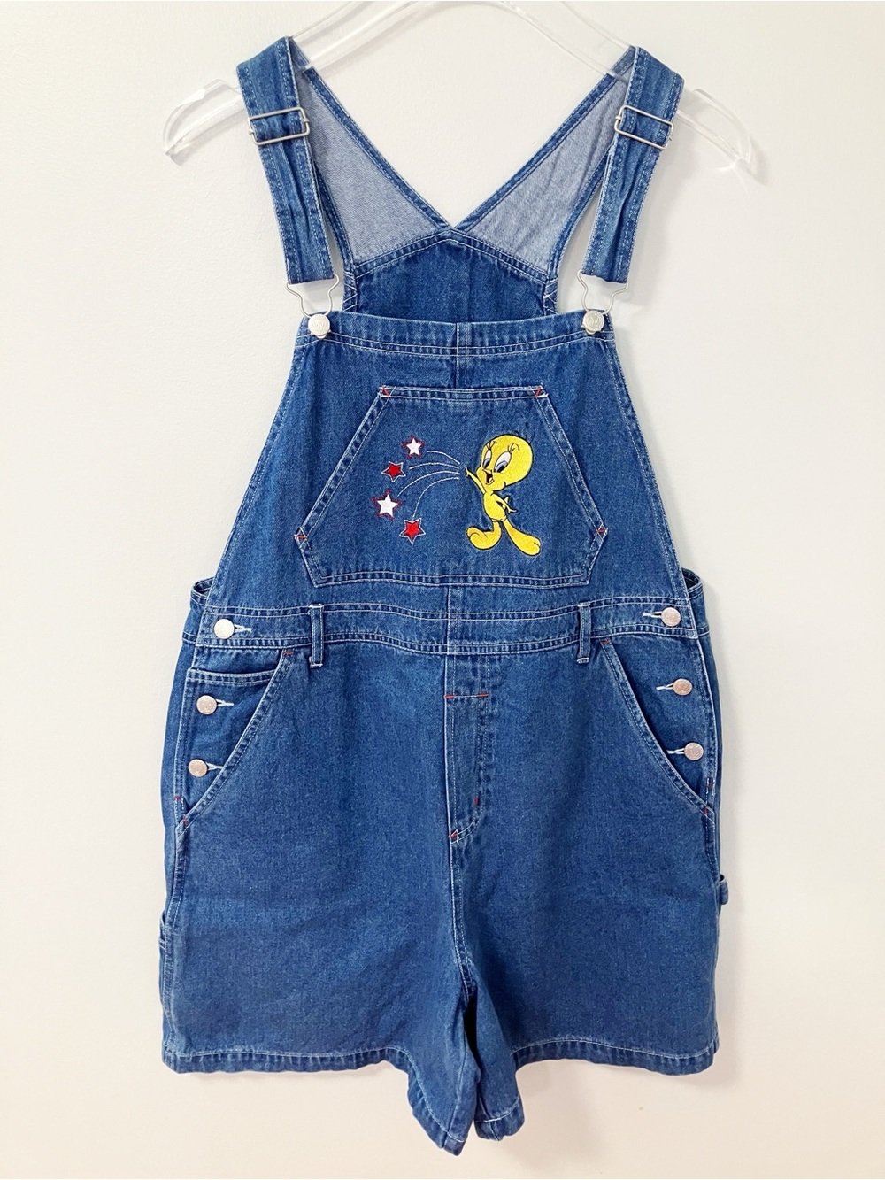 Vintage | Blue Looney Tunes Tweety Stars Short Overalls L 90s Casual Kidcore Y2K